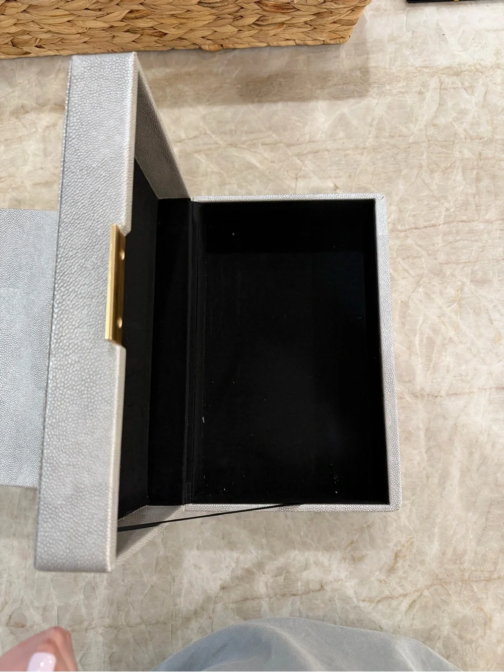 Gray Faux Shagreen Storage Box Set with Gold Accent